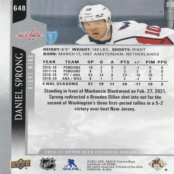 Daniel Sprong - 2020-21 Upper Deck Extended Series Hockey Card - Picture 2 of 2